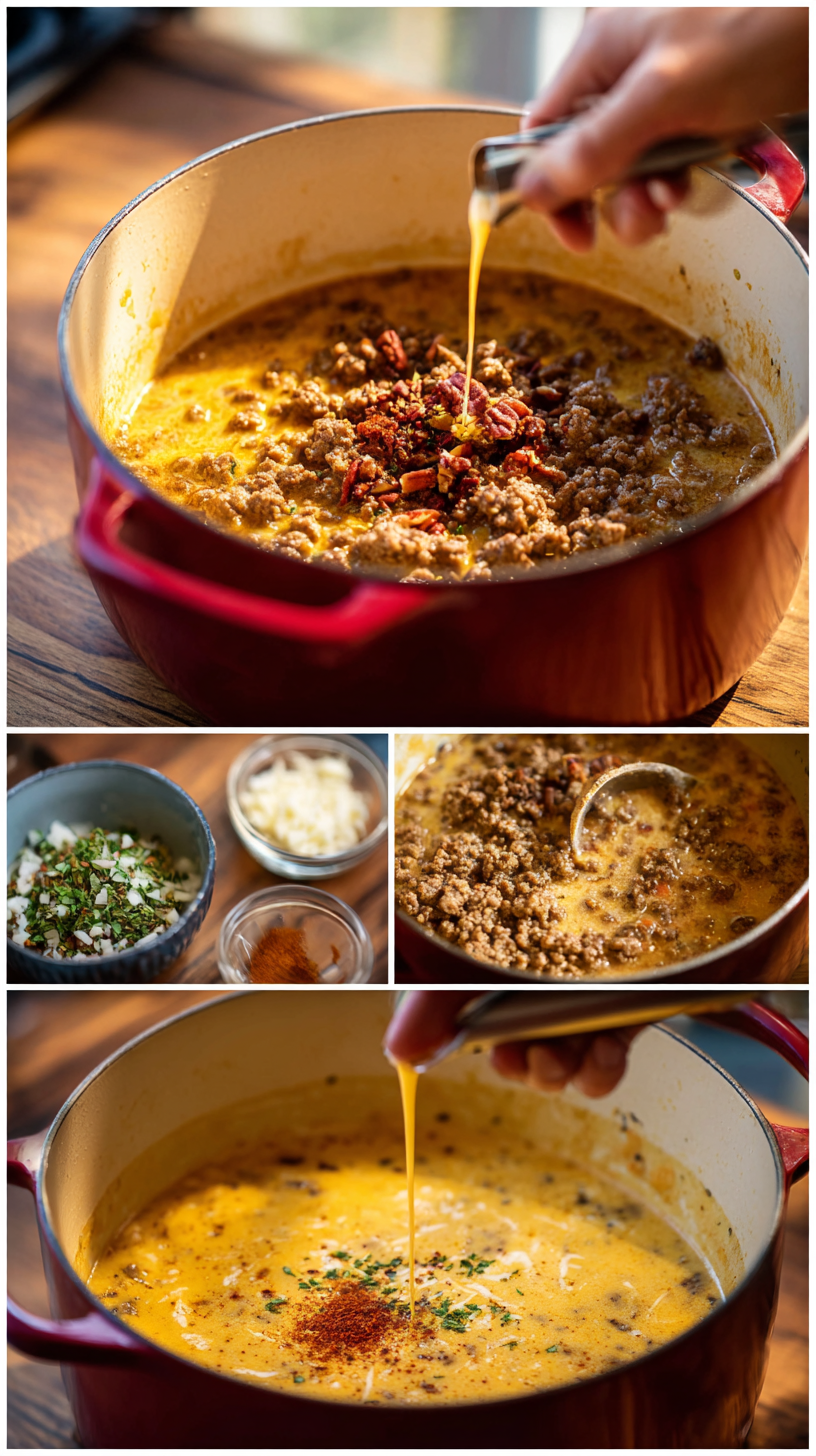 Preparing Keto Cheeseburger Soup step by step cooking process