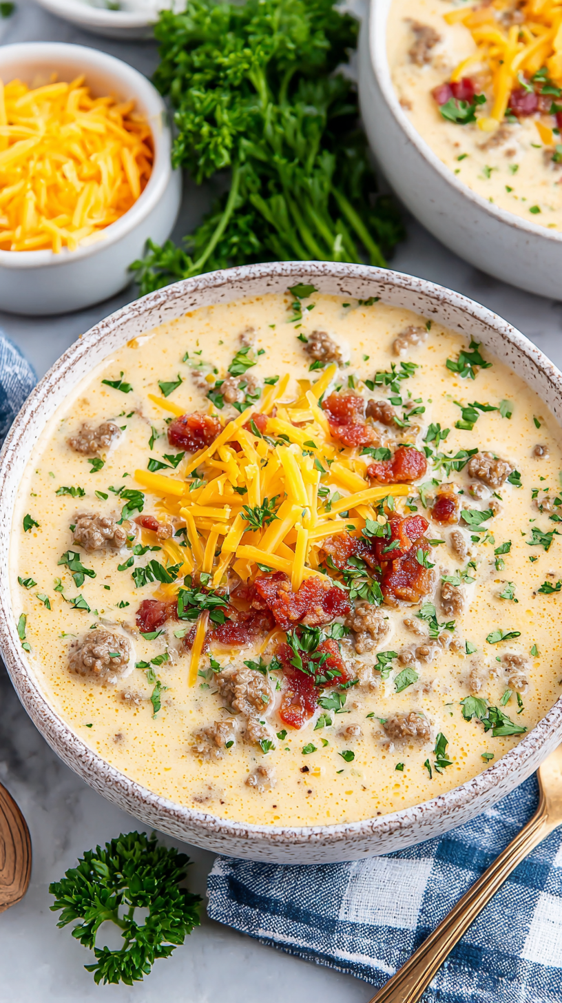 Keto Cheeseburger Soup being served on beautiful dinnerware