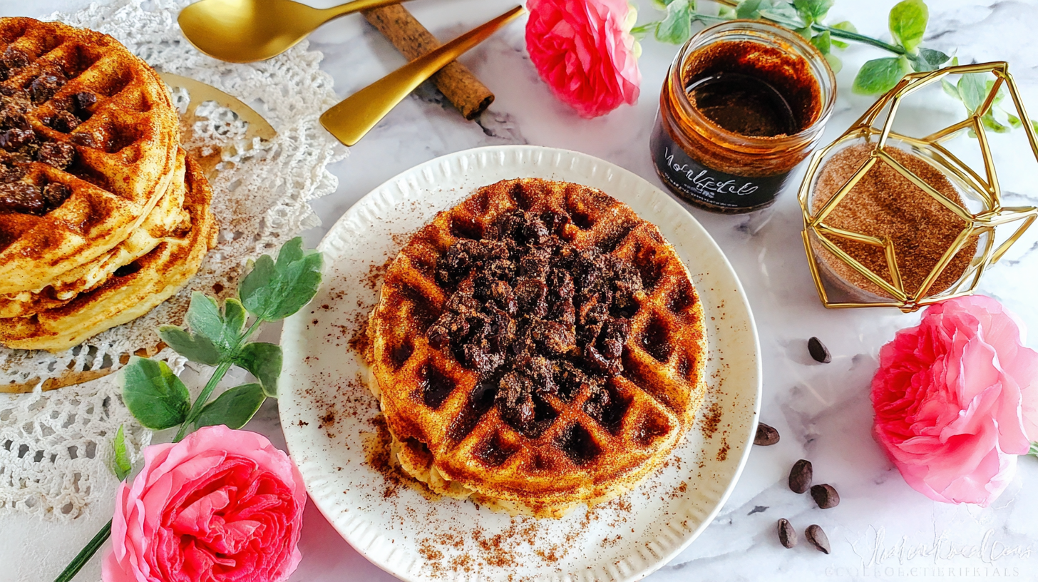 Keto Churro Chaffle with golden crust and churro topping