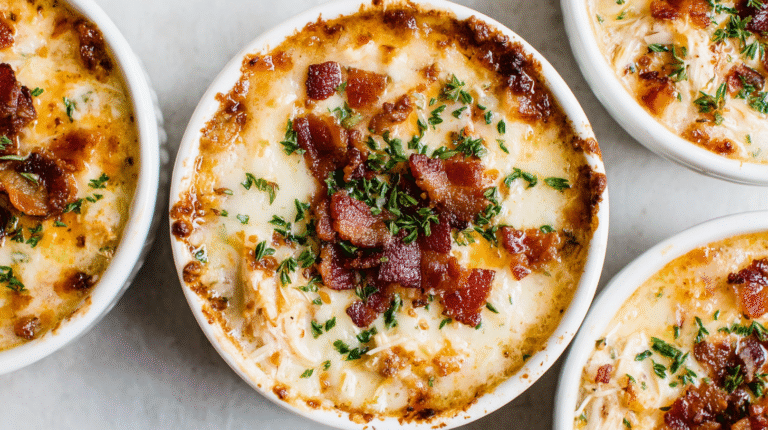 Hero shot of Keto Crack Chicken Soup with crispy bacon and creamy broth