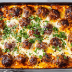 Keto Meatball Parmesan Casserole hero shot of the finished dish