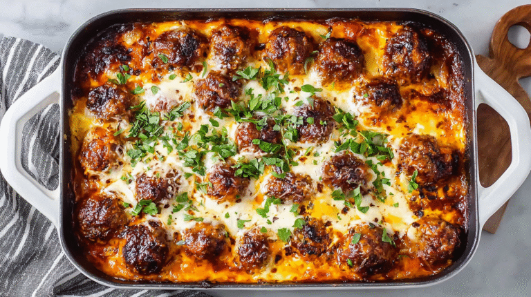 Keto Meatball Parmesan Casserole hero shot of the finished dish