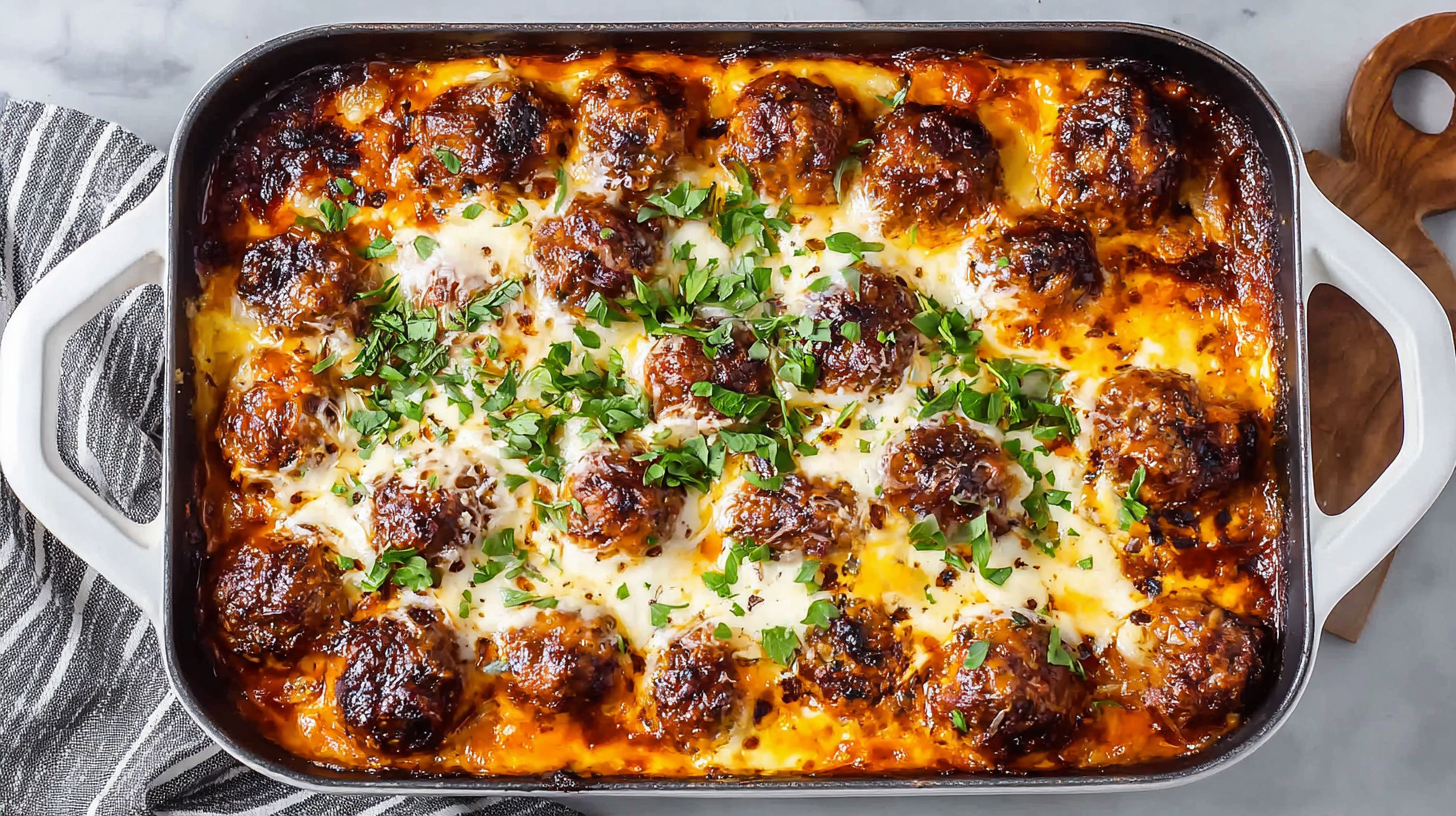 Keto Meatball Parmesan Casserole hero shot of the finished dish