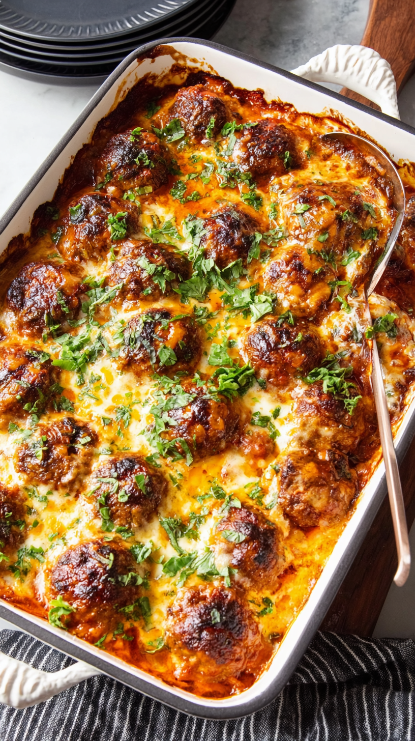 Keto Meatball Parmesan Casserole being served on beautiful dinnerware