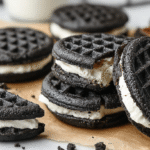 Hero shot of Keto Oreo Chaffles with cocoa and cream filling