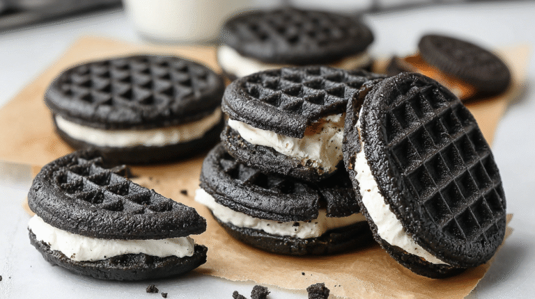 Hero shot of Keto Oreo Chaffles with cocoa and cream filling