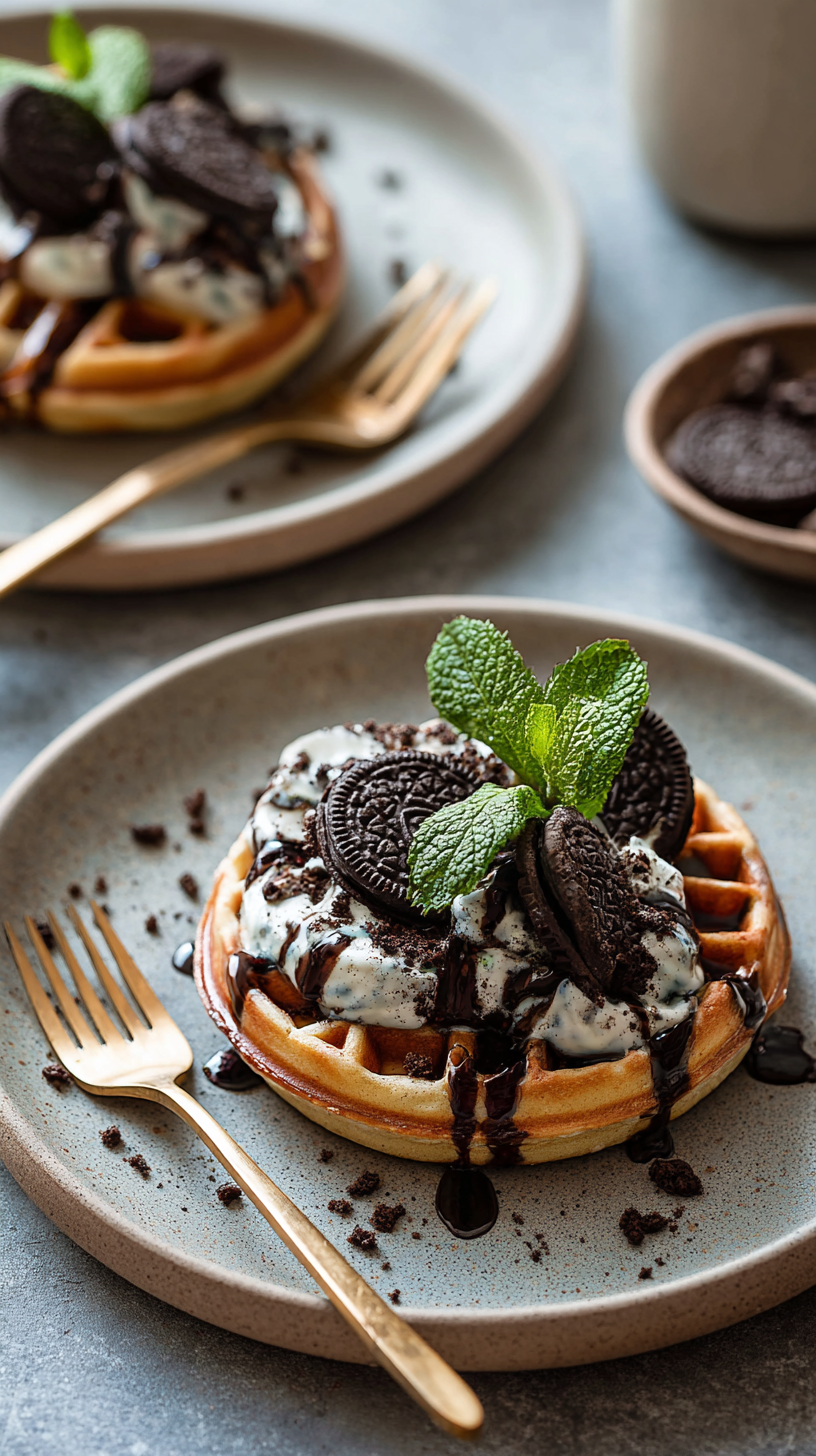 Keto Oreo Chaffles being served on beautiful dinnerware
