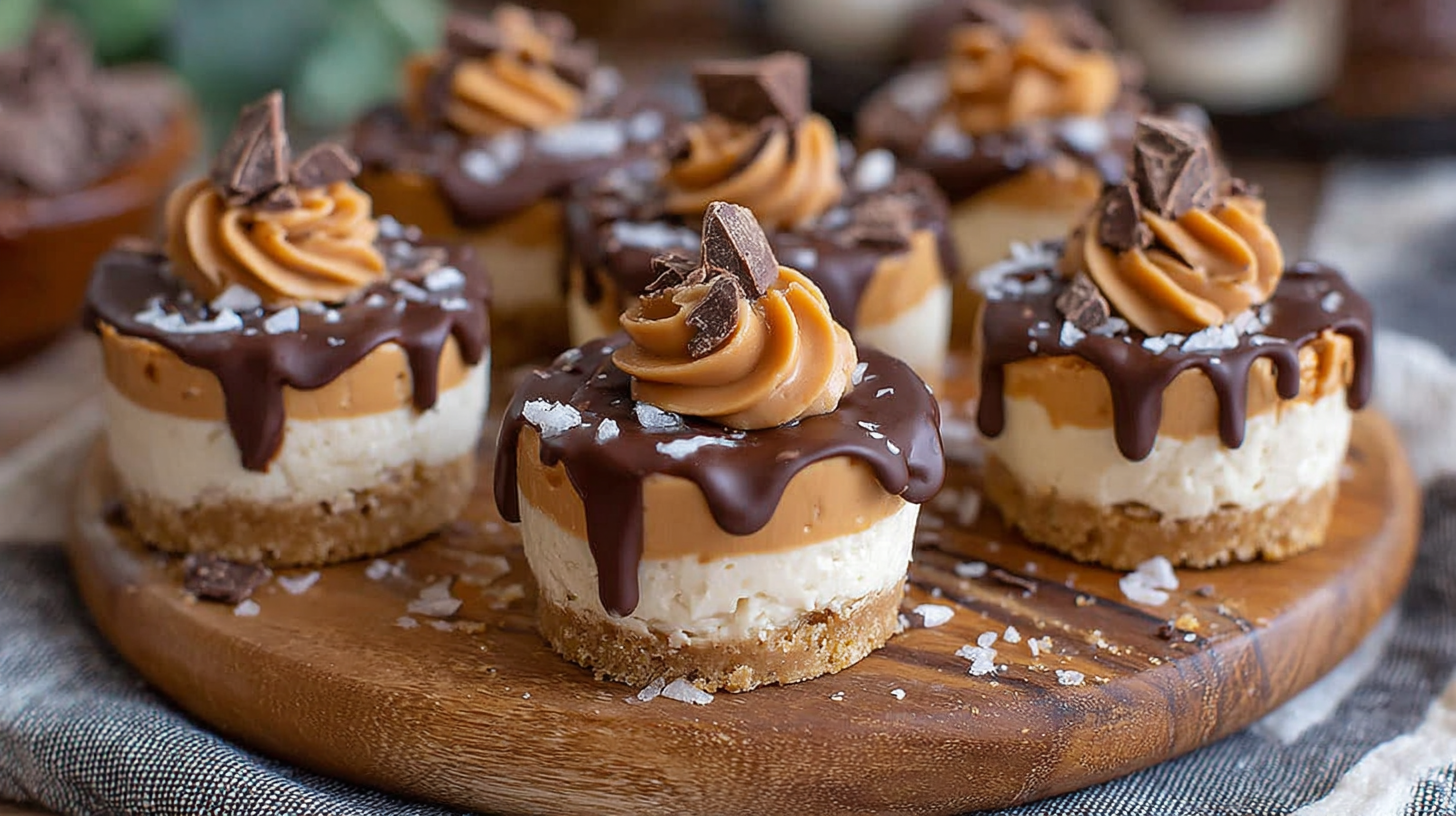 Keto Peanut Butter Cheesecake Bites hero shot with creamy filling and chocolate shell
