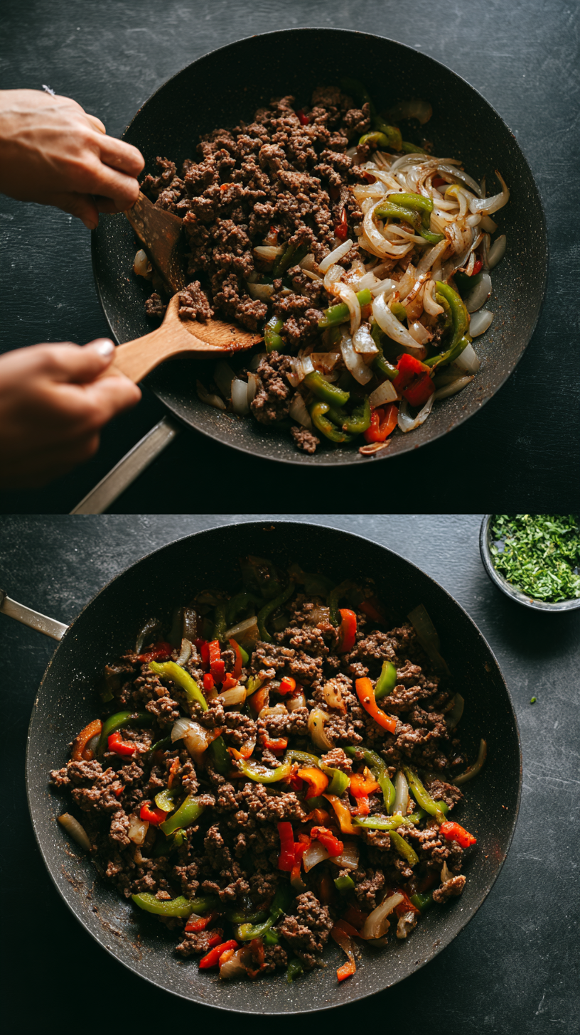 Preparing Keto Philly Cheesesteak Rolls step by step cooking process