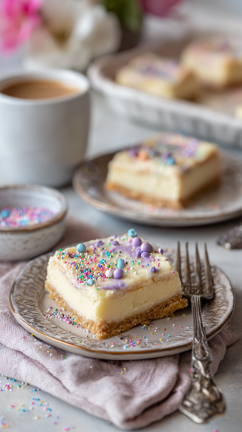Keto Sugar Cookie Cheesecake Bars being served on beautiful dinnerware