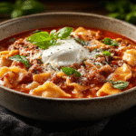 Hero shot of Lasagna Soup garnished with cheese and basil