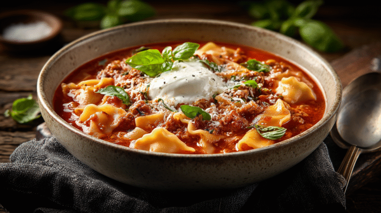 Hero shot of Lasagna Soup garnished with cheese and basil