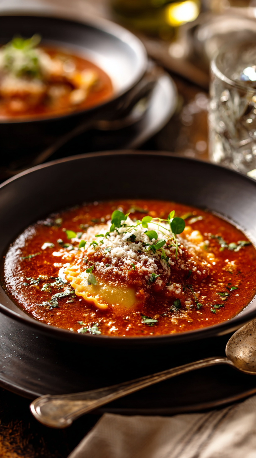 Lasagna Soup being served on beautiful dinnerware