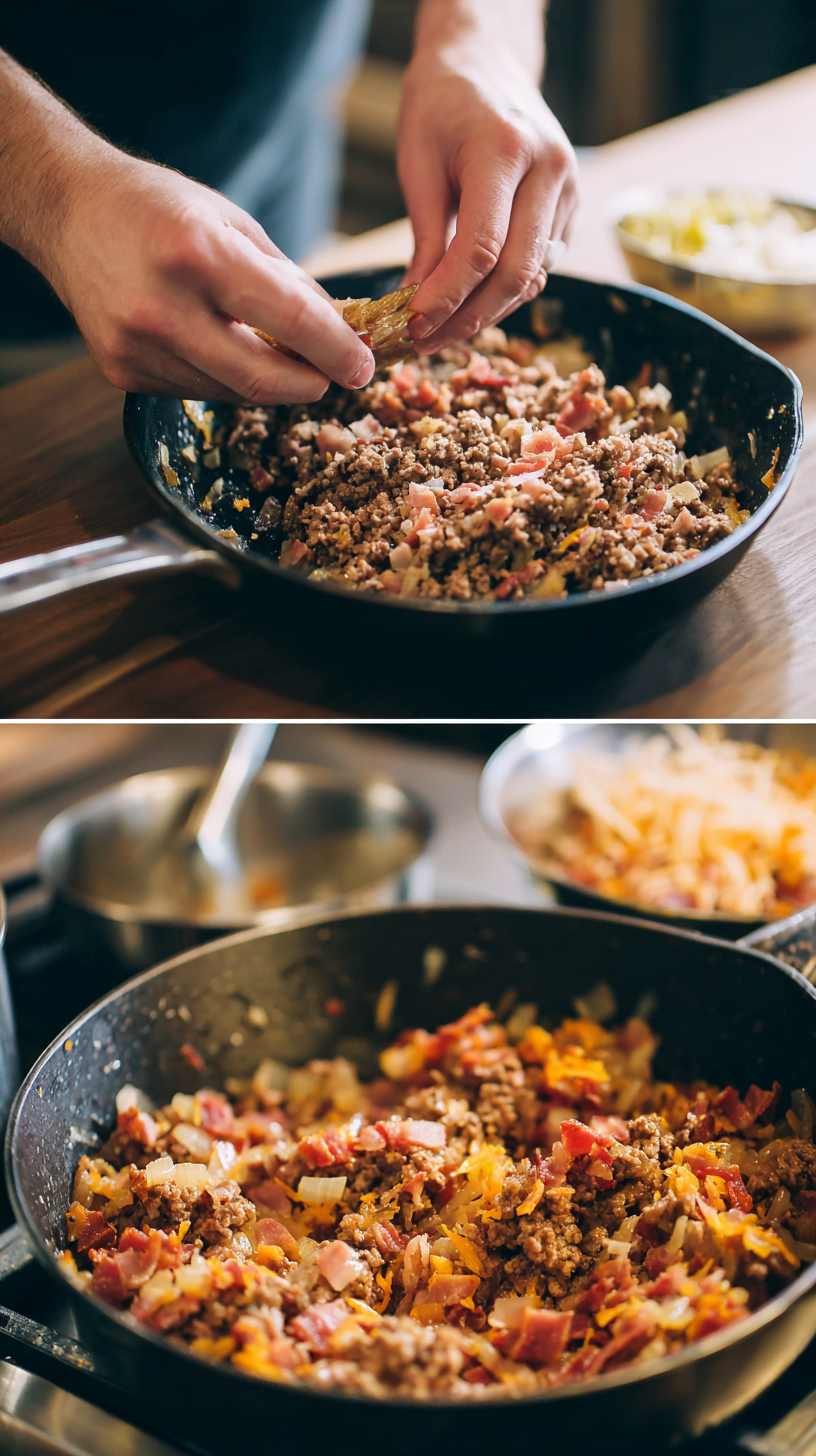 Preparing Low-Carb Bacon Cheeseburger Casserole step by step cooking process