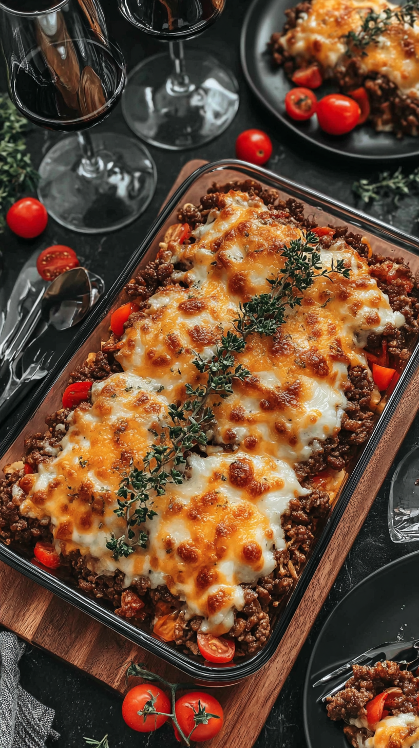 Low-Carb Bacon Cheeseburger Casserole being served on beautiful dinnerware