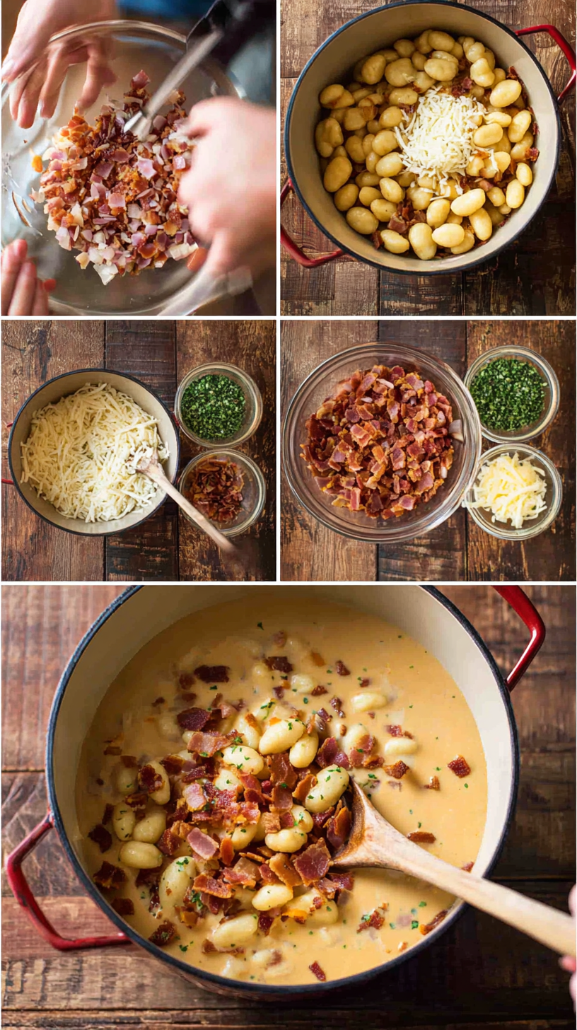 Preparing Meat Cheddar Gnocchi Soup step by step cooking process