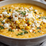 Mexican Street Corn Soup Crockpot hero shot with fire-roasted corn and queso fresco