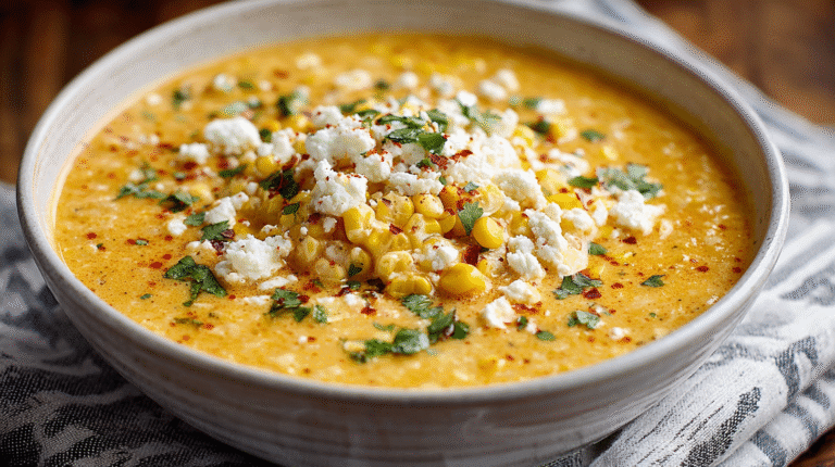 Mexican Street Corn Soup Crockpot hero shot with fire-roasted corn and queso fresco