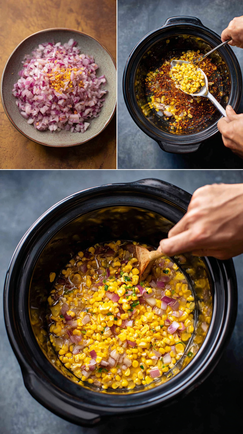 Preparing Mexican Street Corn Soup Crockpot step by step cooking process