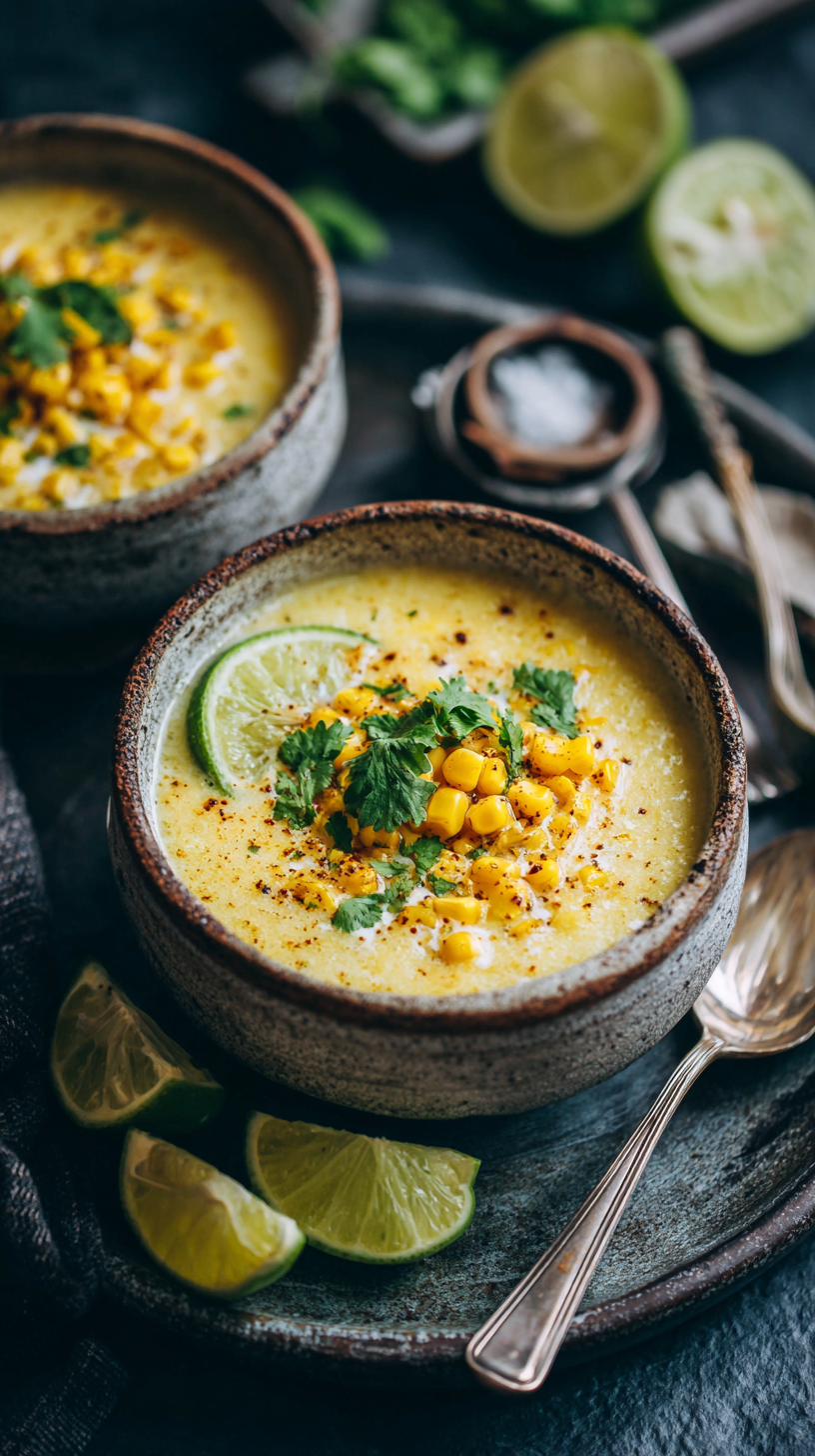 Mexican Street Corn Soup Crockpot being served on beautiful dinnerware