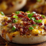 Hero shot of Muffin Breakfast pizza with melted cheese and toppings