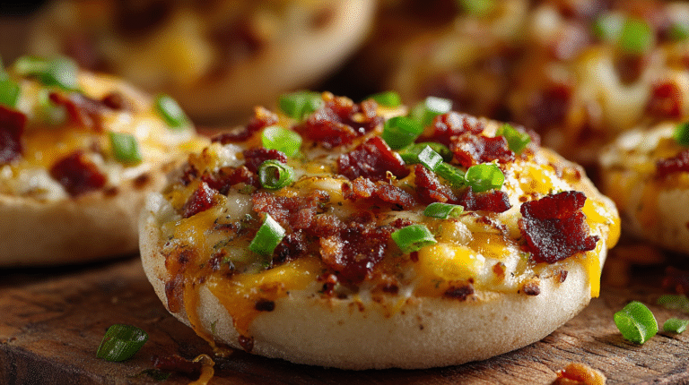 Hero shot of Muffin Breakfast pizza with melted cheese and toppings
