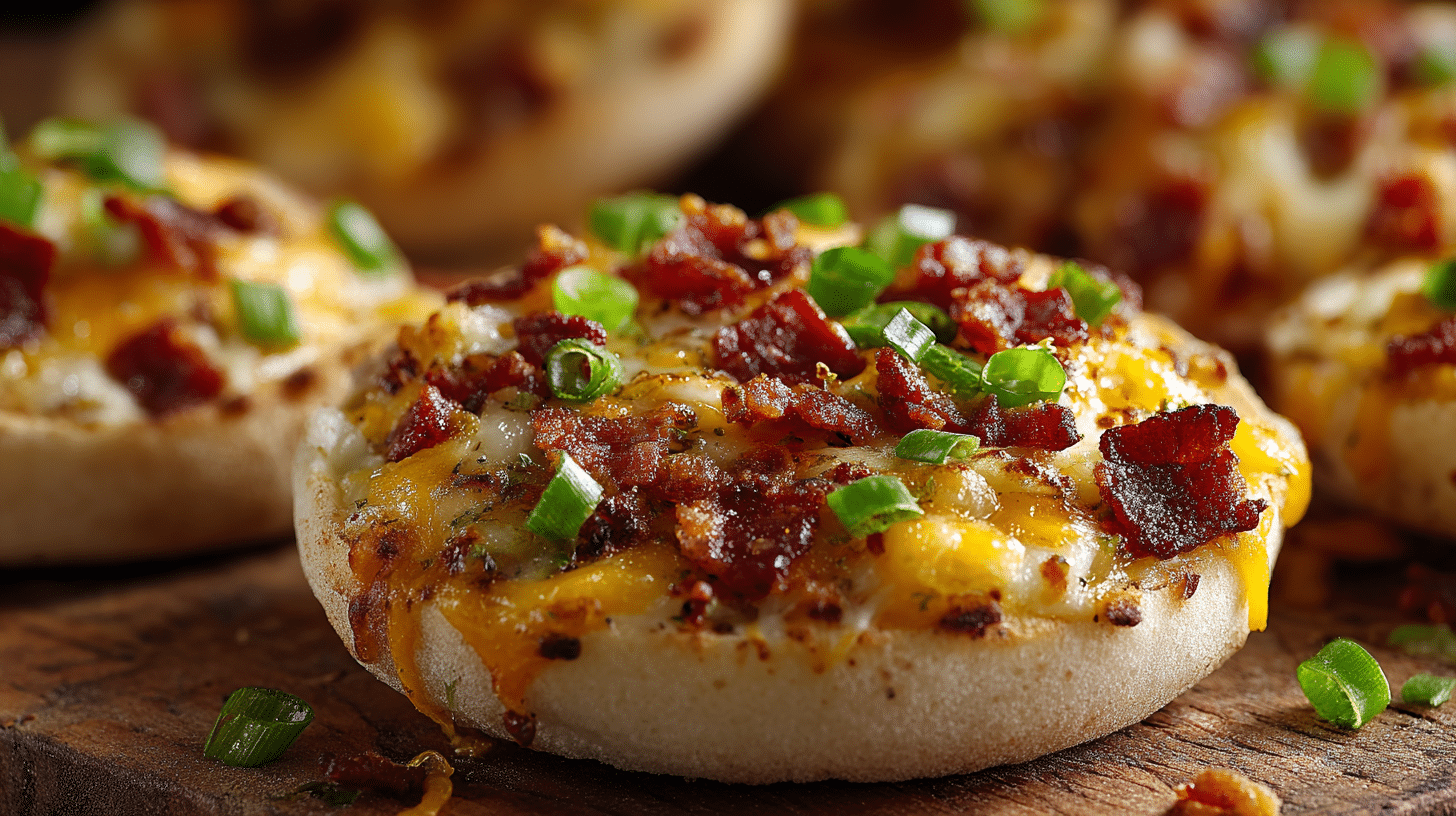 Hero shot of Muffin Breakfast pizza with melted cheese and toppings