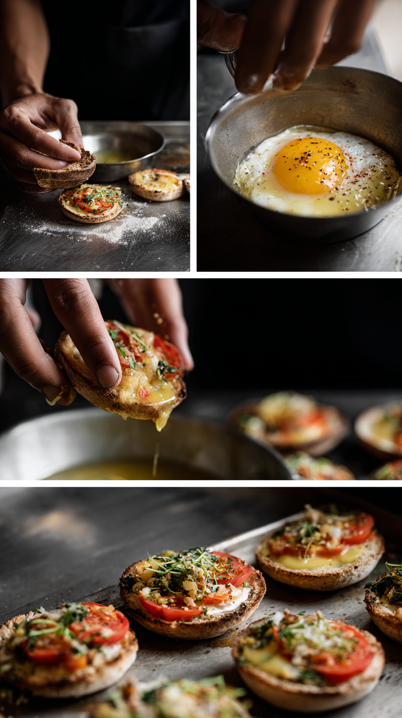 Preparing Muffin Breakfast pizza step by step cooking process
