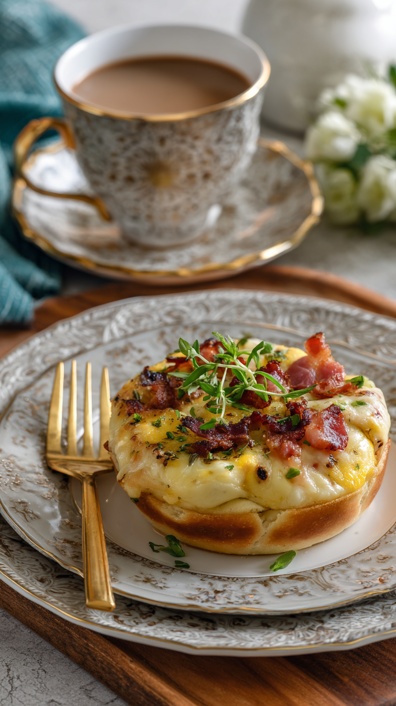 Muffin Breakfast pizza being served on beautiful dinnerware