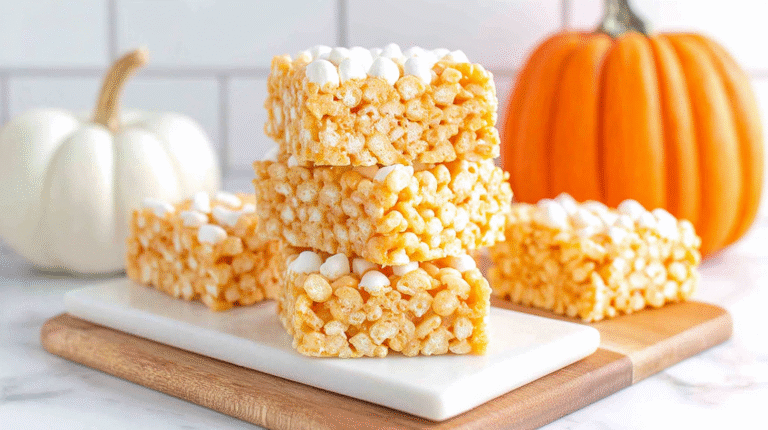 Pumpkin Spice Rice Krispie Treat hero shot with gooey texture and white chocolate drizzle