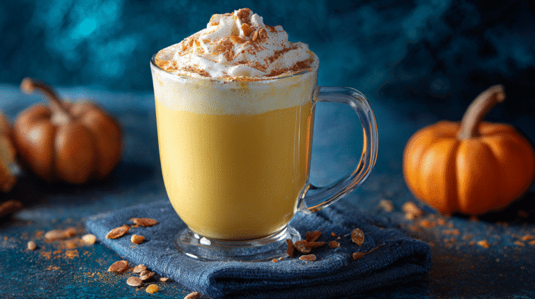 Pumpkin White Hot Chocolate hero shot with creamy texture and autumnal garnish