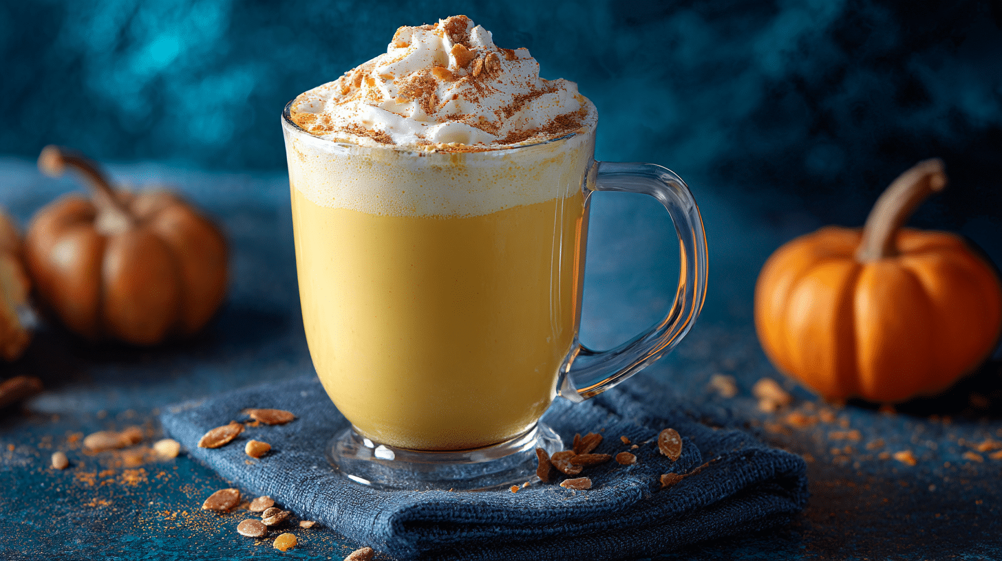 Pumpkin White Hot Chocolate hero shot with creamy texture and autumnal garnish