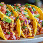 Savory Pancake Tacos Recipe hero shot with fluffy pancakes, sausage, and avocado