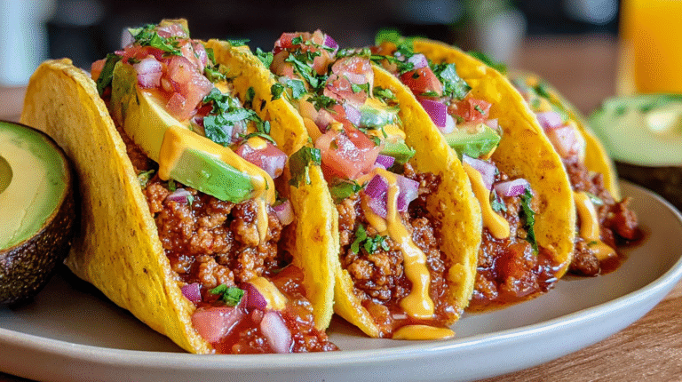 Savory Pancake Tacos Recipe hero shot with fluffy pancakes, sausage, and avocado