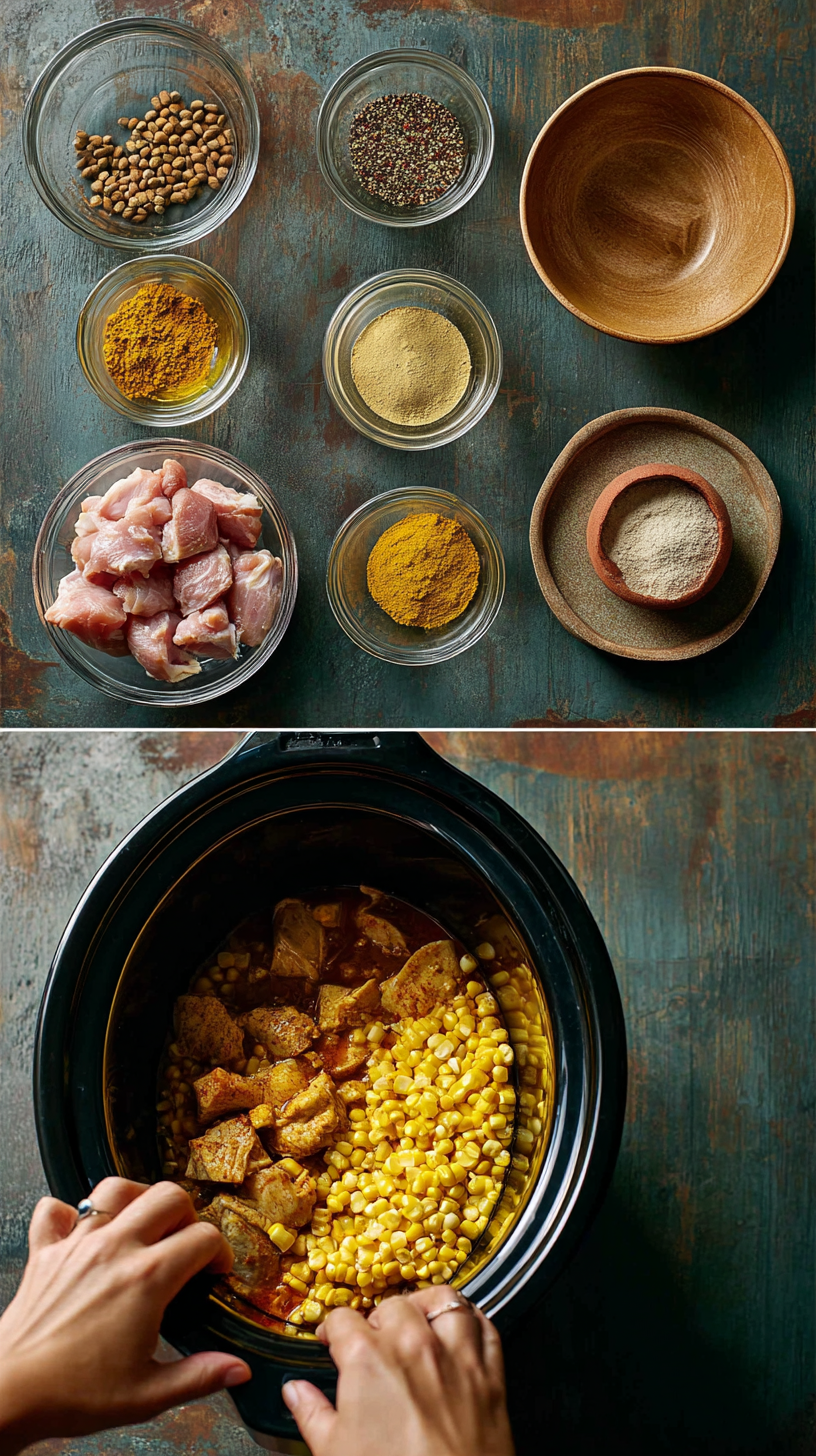 Preparing Slow Cooker Street Corn Chicken step by step cooking process