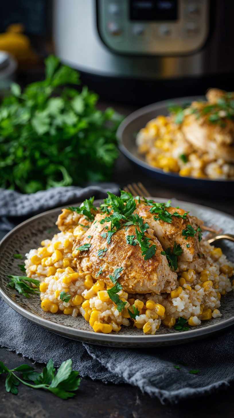 Slow Cooker Street Corn Chicken being served on beautiful dinnerware