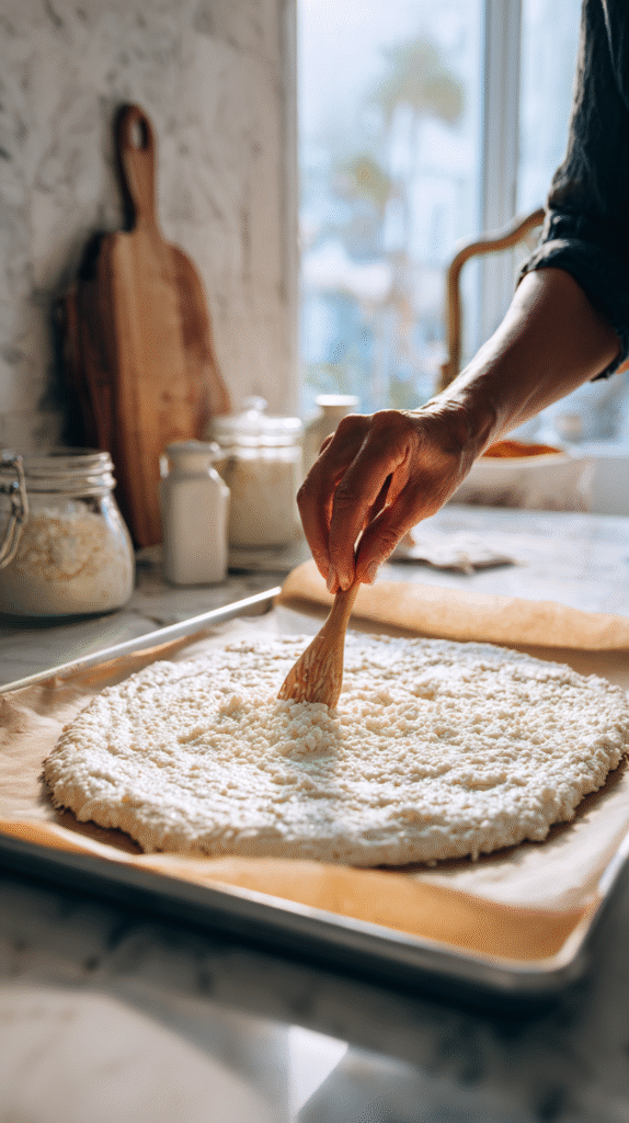 spreading cottage cheese flatbread batter on tray