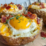 Hero shot of Twice Baked Loaded Breakfast Potatoes with crispy skins and bubbling cheese