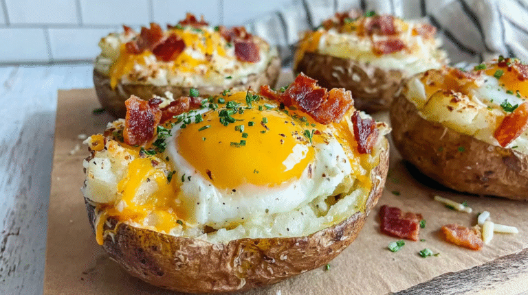 Hero shot of Twice Baked Loaded Breakfast Potatoes with crispy skins and bubbling cheese