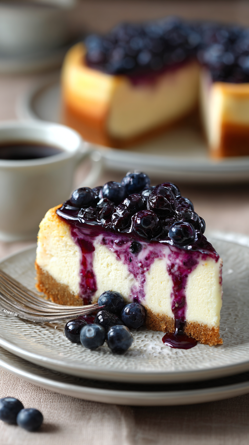 Blueberry Cottage Cheese Cake being served on beautiful dinnerware