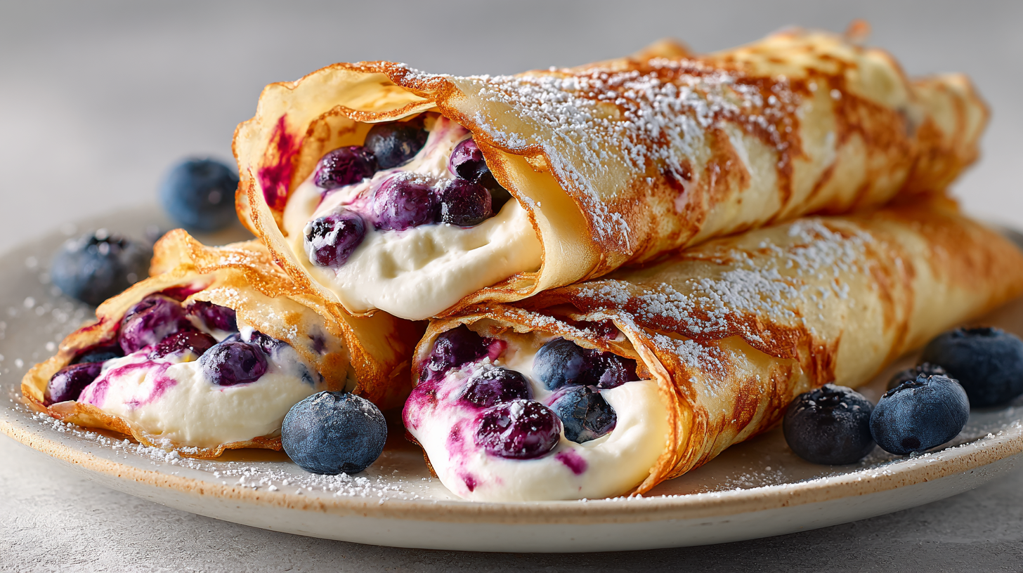 Hero shot of Blueberry Crepes with cream cheese and blueberry sauce