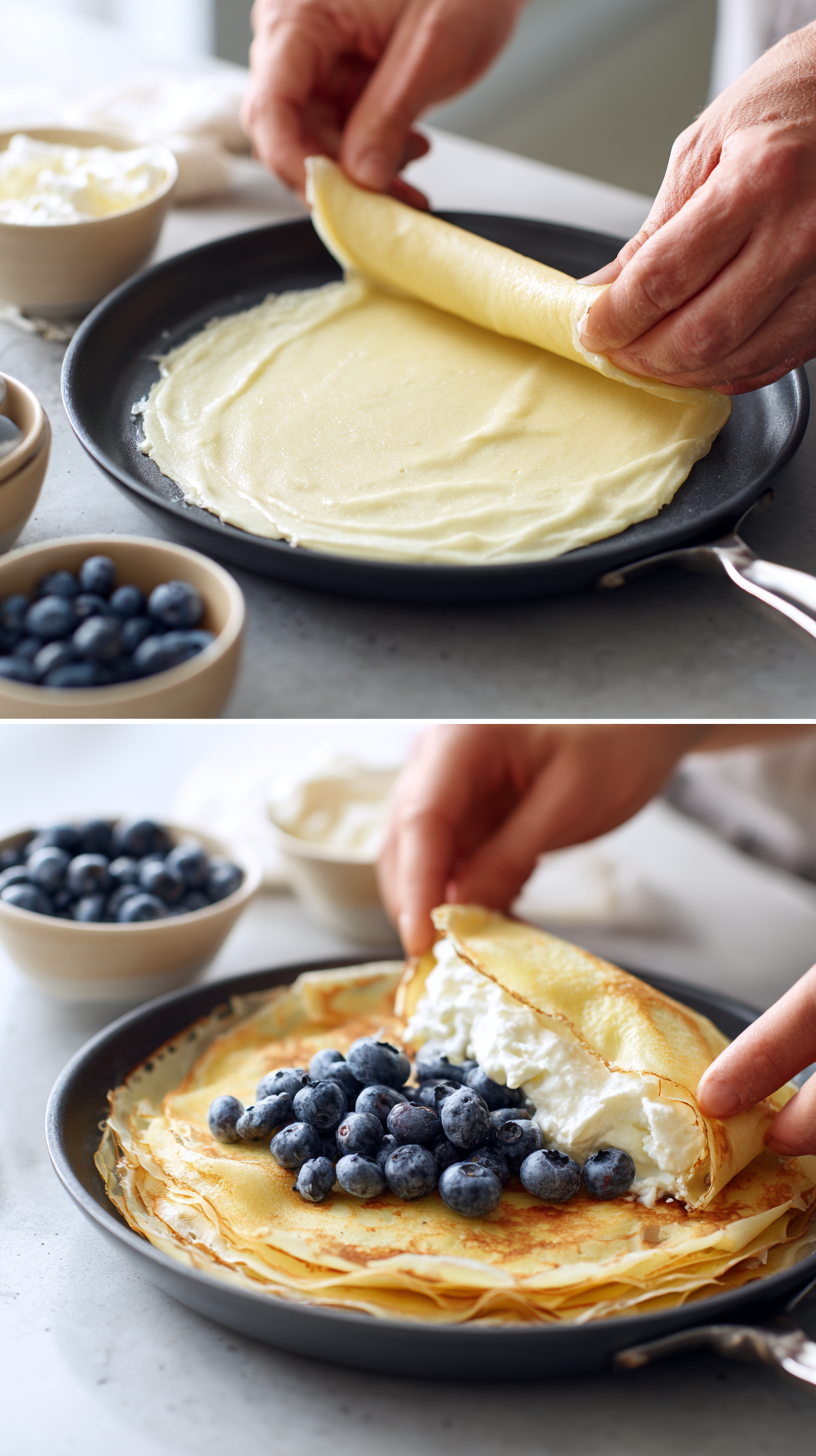 Preparing Blueberry Crepes step by step cooking process