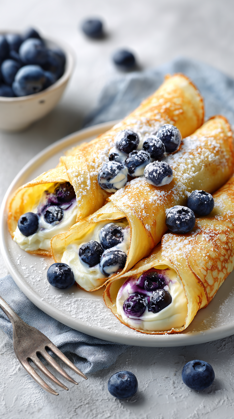 Blueberry Crepes being served on beautiful dinnerware