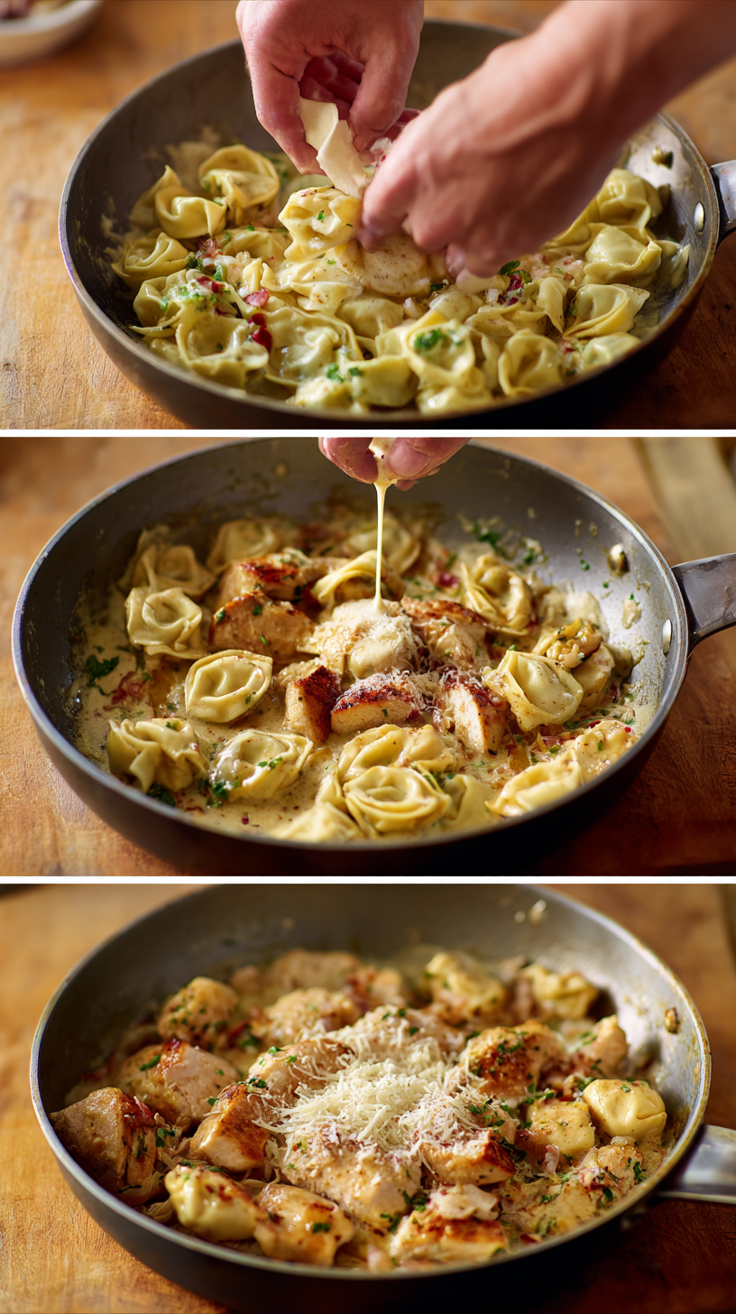 Preparing Cajun Chicken Tortellini with Three Cheese Sauce step by step cooking process