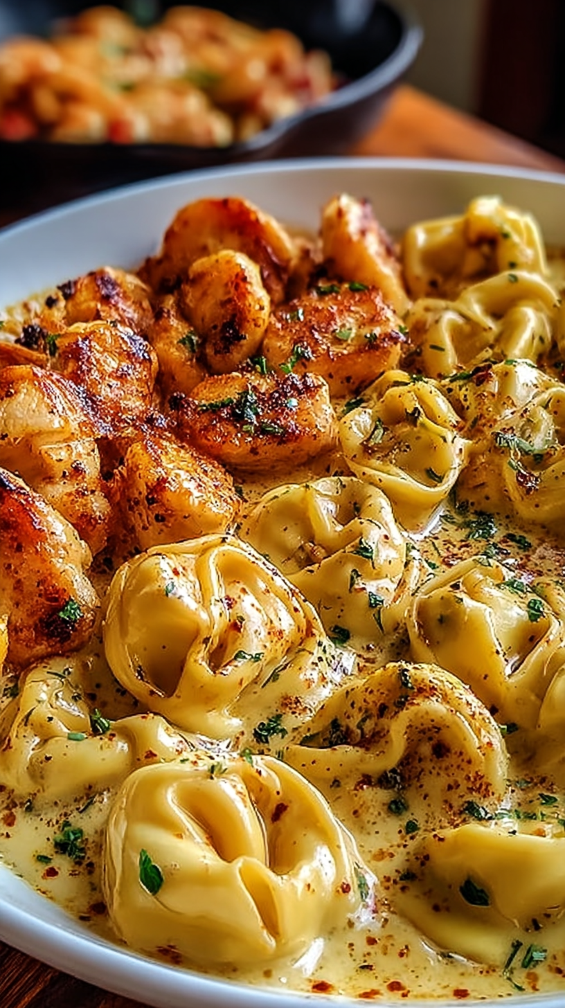 Cajun Chicken Tortellini with Three Cheese Sauce being served on beautiful dinnerware