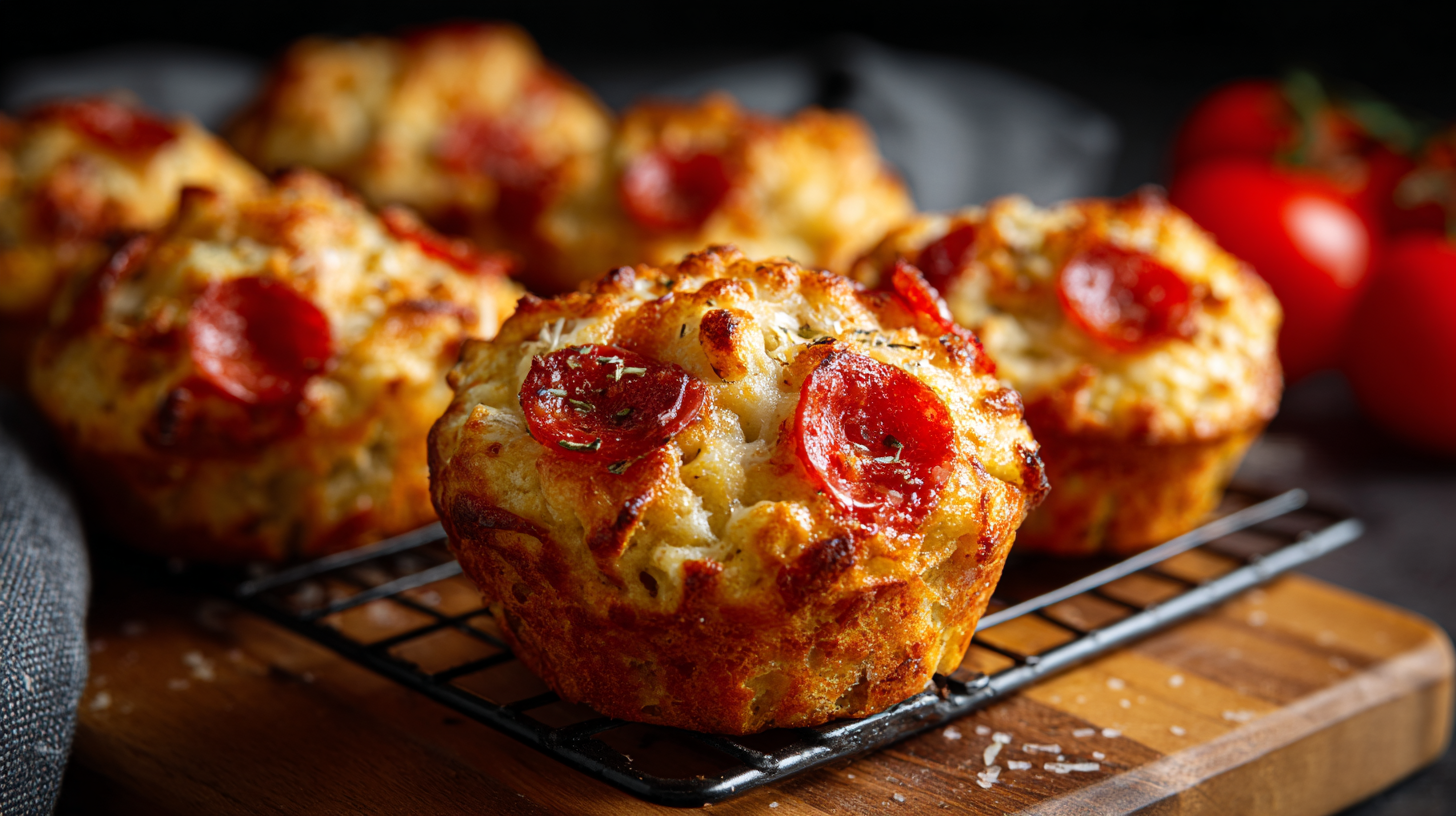 Carnivore Pizza Muffins hero shot with golden tops and crispy pepperoni