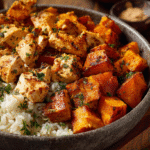 Hero shot of Chicken and Sweet Potato Rice Bowl with roasted sweet potatoes and chicken.