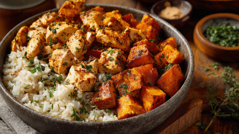 Hero shot of Chicken and Sweet Potato Rice Bowl with roasted sweet potatoes and chicken.