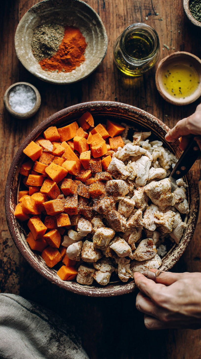 Preparing Chicken and Sweet Potato Rice Bowl step by step cooking process.