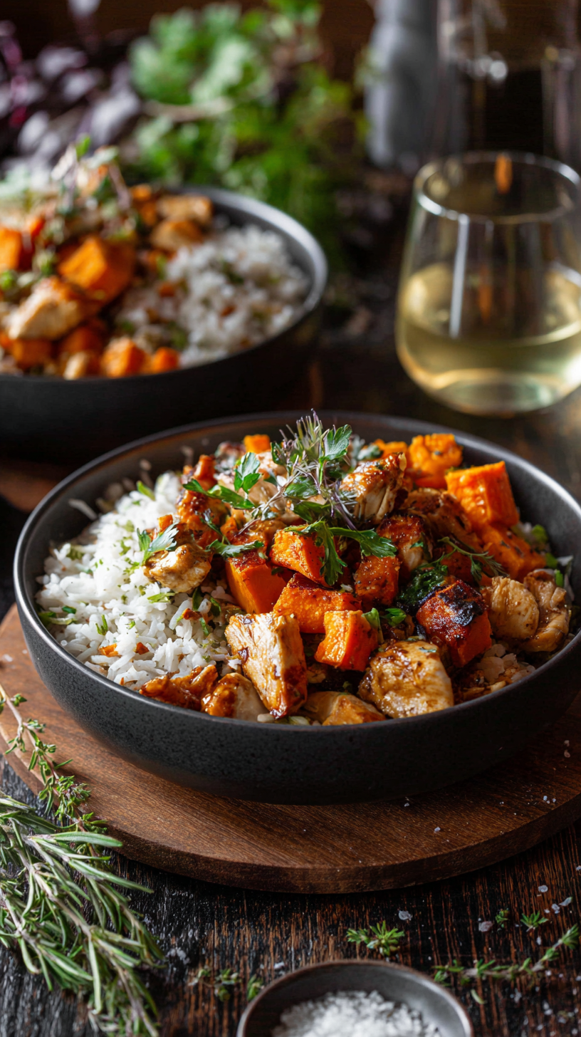 Chicken and Sweet Potato Rice Bowl being served on beautiful dinnerware.
